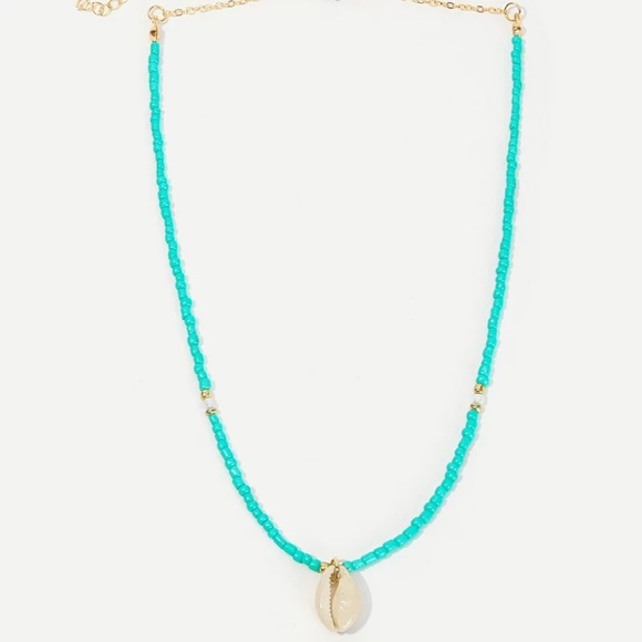 NEW! Beautiful Bohemian Teal Beaded Choker Necklace w/Shell Pendant Women Kids - Picture 3 of 3